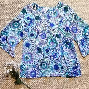 Women’s Blue & Teal Printed Split-Neck Blouse